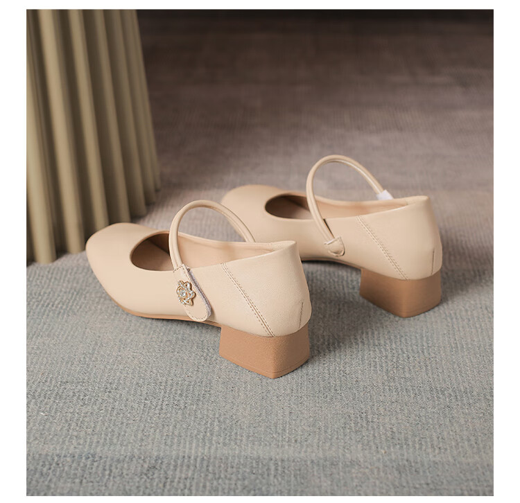 ZHR Women's Single Shoes Elegant One-Strap Mary Jane Shoes with Chunky Heel Fashionable Women's Shoes AH506 Apricot Color Size 36 23