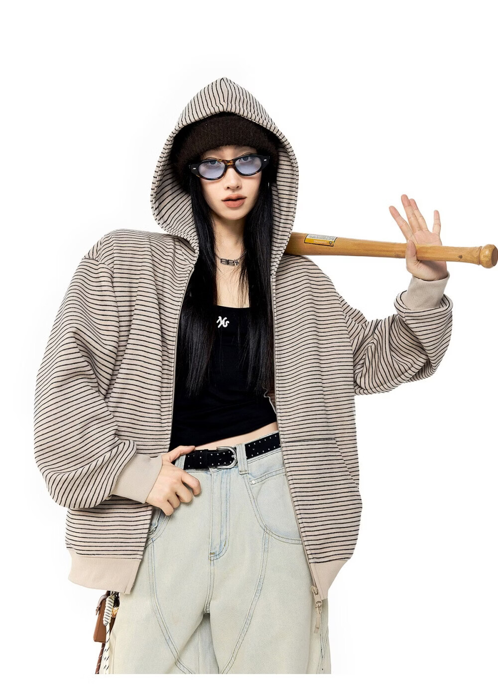 ICH MODE Celebrity Style Striped Hoodie Cardigan Sweatshirt for Women Spring Autumn New Sports Jacket Black M 31
