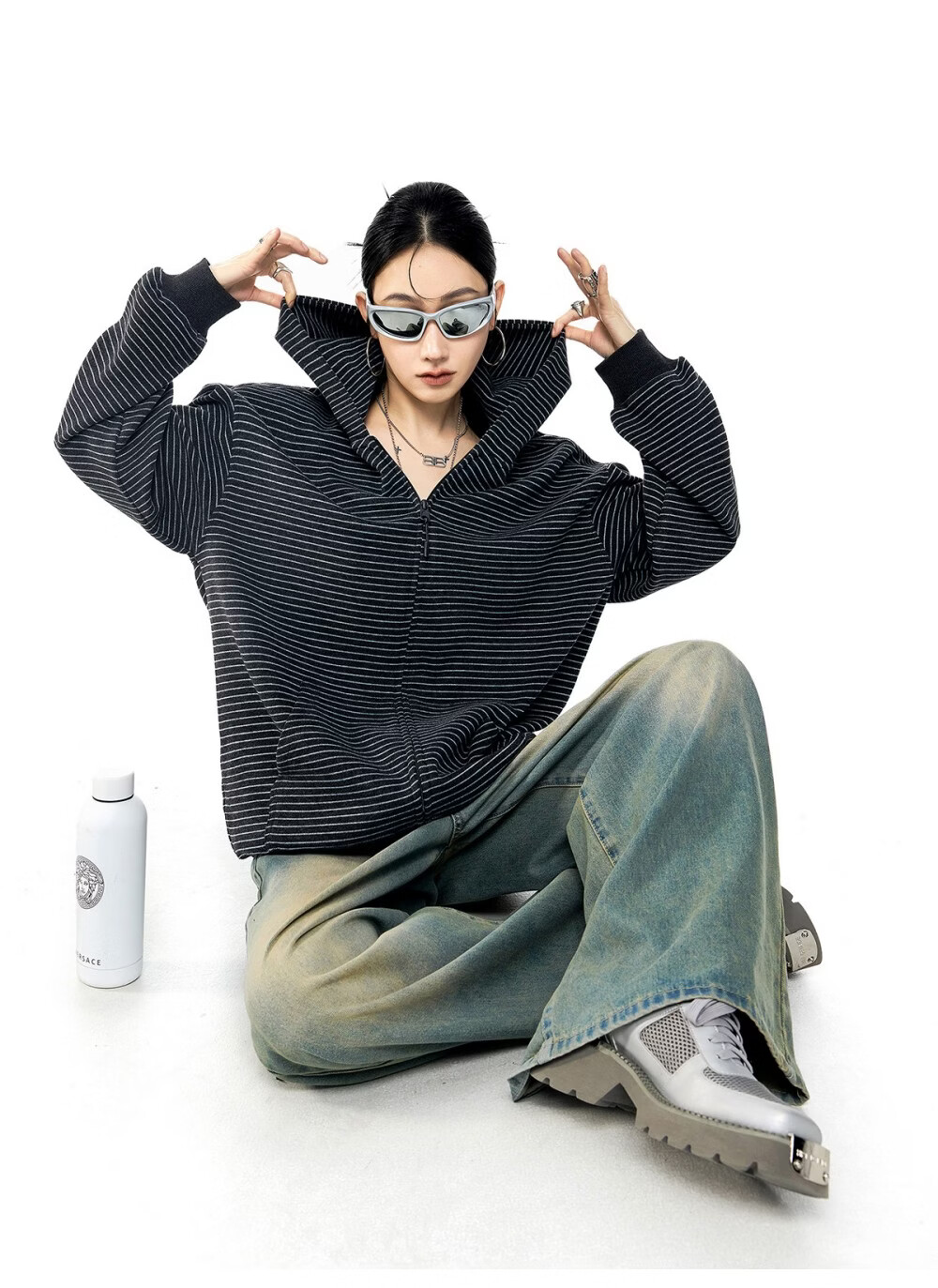 ICH MODE Celebrity Style Striped Hoodie Cardigan Sweatshirt for Women Spring Autumn New Sports Jacket Black M 41