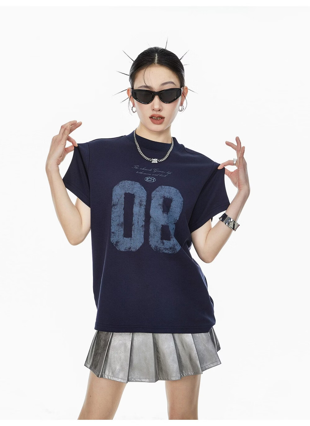 ICH MODE Women's American Slim Fit Shoulder T-Shirt 2026 Summer New Printed Short Sleeve Sports Top White L 27