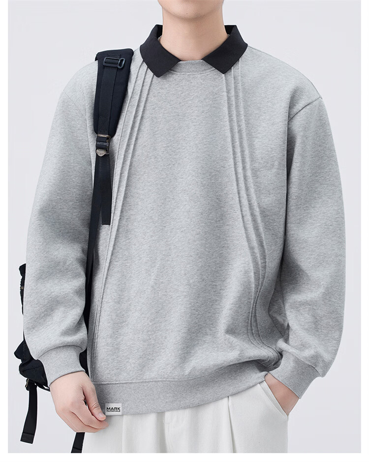 MARK FAIRWHALE Men's Sweatshirt Spring and Autumn Loose Casual Two-in-One Long Sleeve T-Shirt Men's Trendy Jacket Navy Blue XL 2