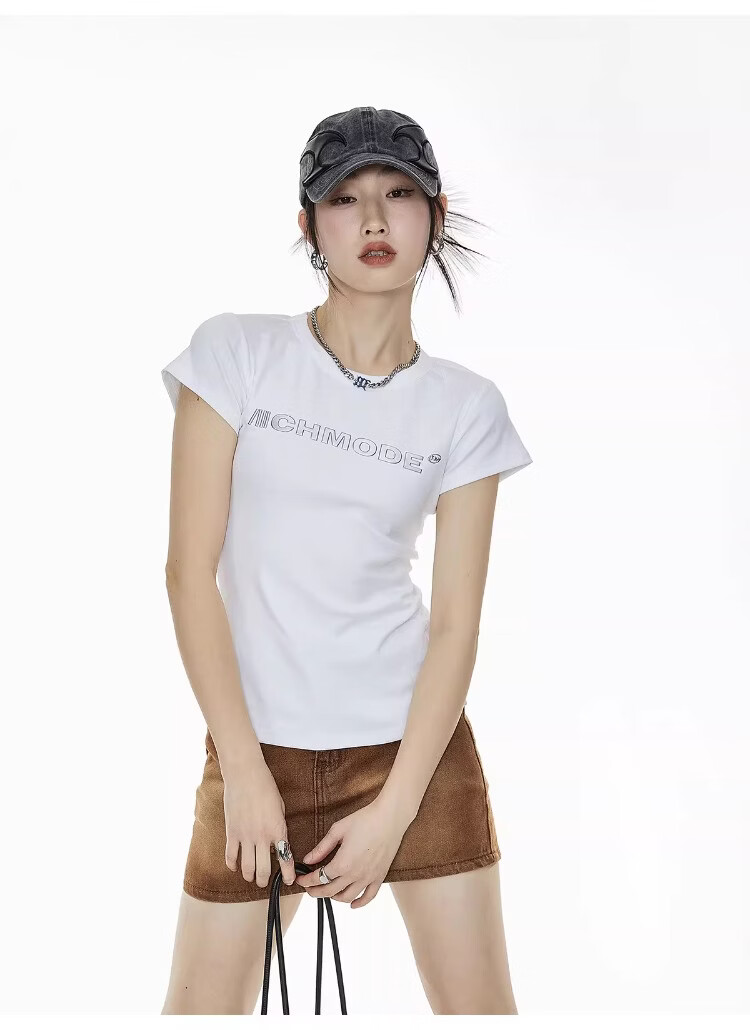 ICH MODE American Slim Fit Shoulder T-Shirt Women Summer New Short Crop Top Black L 32