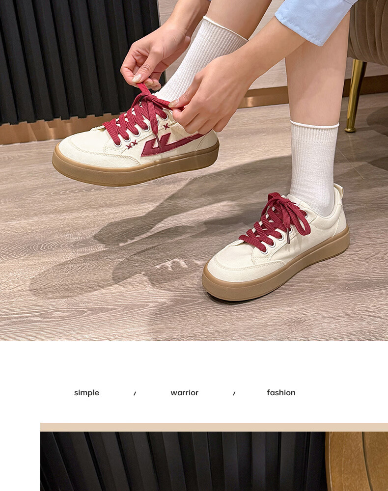 Warrior Official Women's New Versatile Sneakers 2026 Summer Classic Simple Breathable Canvas Shoes Women Beige Red Size 35 11