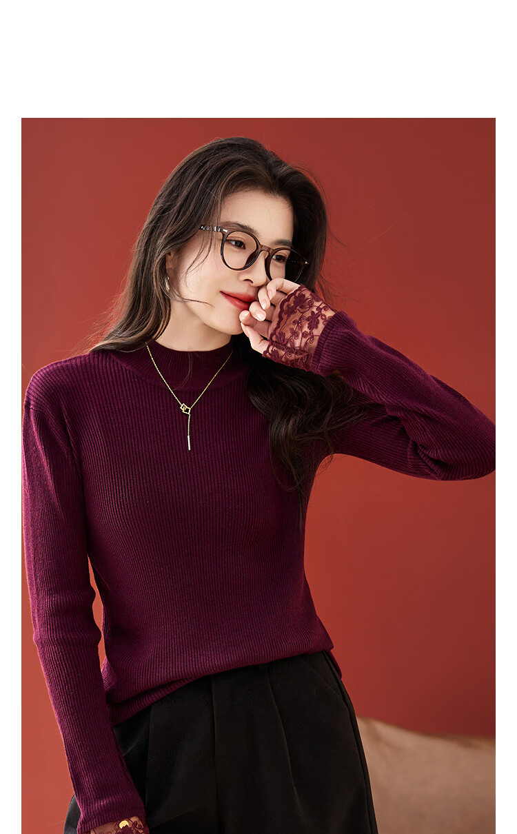 Demana Winter Half Turtleneck Lace Splice Wool Blend Ribbed Jacquard Slim Fit Knit Sweater Top 11
