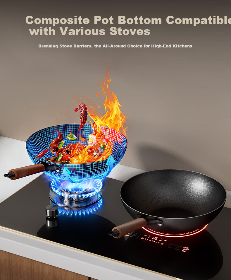 AOTEYOU Large Belly Iron Wok Uncoated Seasoned Household Stir-Fry Pan Traditional Cast Iron Non-Stick Wok for Induction and Gas Stoves 21