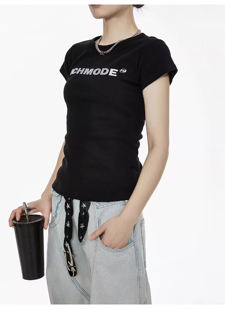 ICH MODE American Slim Fit Shoulder T-Shirt Women Summer New Short Crop Top Black L 15
