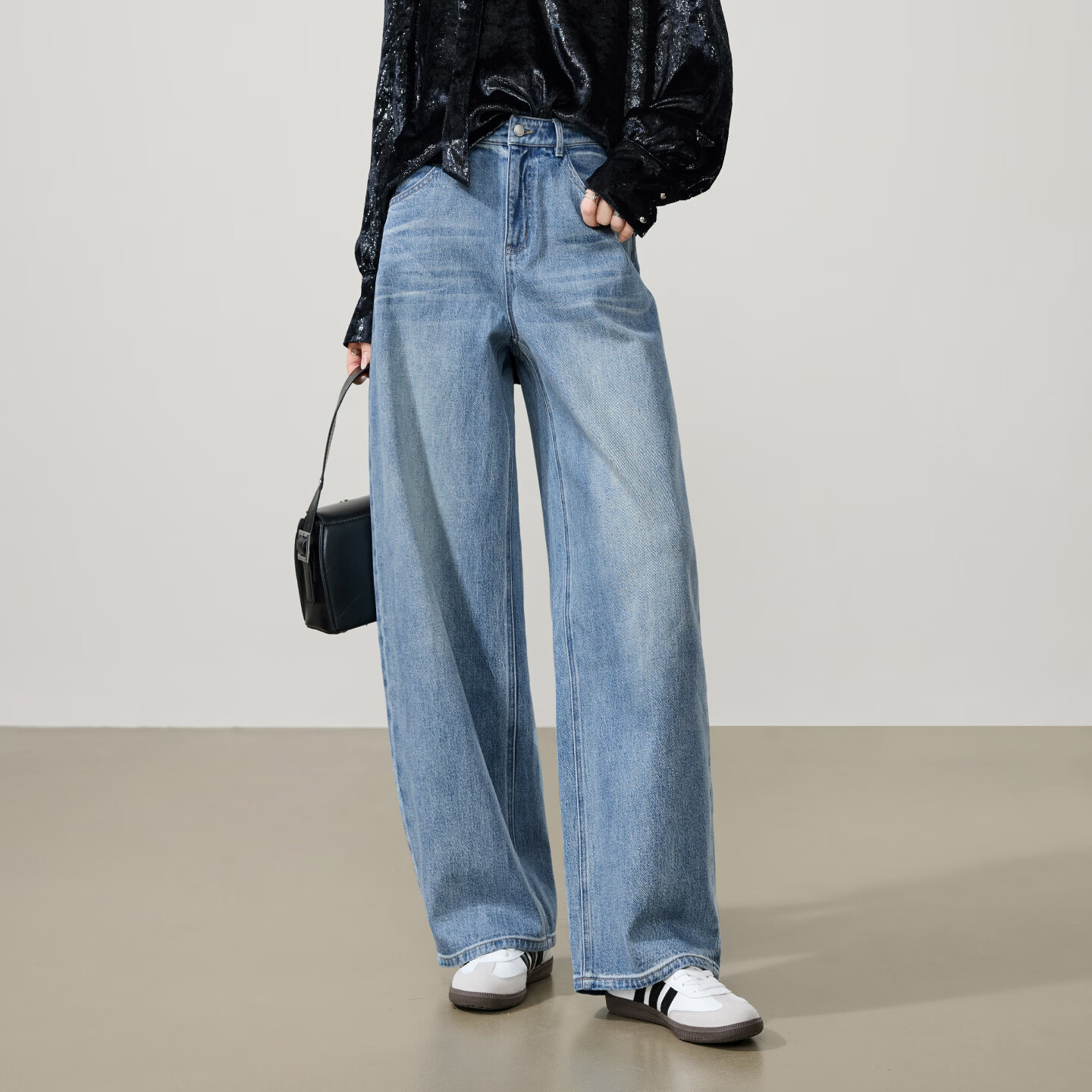 ESE-Y Relaxed Hip Cover Pants 2026 Spring New High-Waist Shaped Curved Blade Denim Wide-Leg Scythe Pants Blue 25