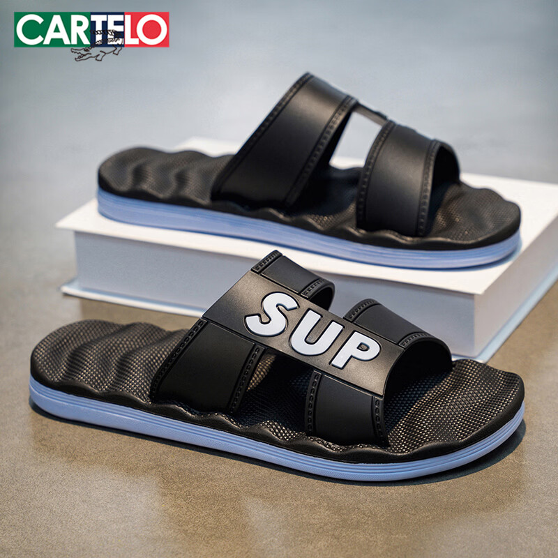 Cartelo Crocodile Men's Outdoor Home Bathroom Slippers Thick Soft Sole Flip Flops 1751 Black Blue Size 43