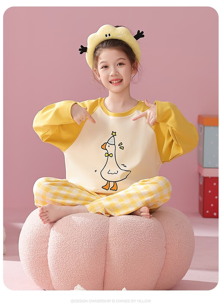 Bingxue Mian Children's Pajamas Girls Pure Cotton Crew Neck Spring Autumn Homewear Set Long Sleeve Long Pants Outerwear Two-Piece Set for Older Kids 18