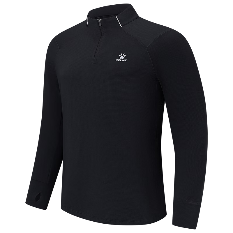 KELME Men's 2.0 Agate Black Sunscreen Long Sleeve Running Quick-Dry Half-Zip Lightweight Sports T-Shirt XL