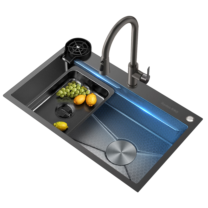 Royalstar Kitchen Sink, Large Single Basin, Handmade Thickened 304 Stainless Steel, Textured Anti-Scratch Double-Layer Step Vegetable Washing Basin, 60*45