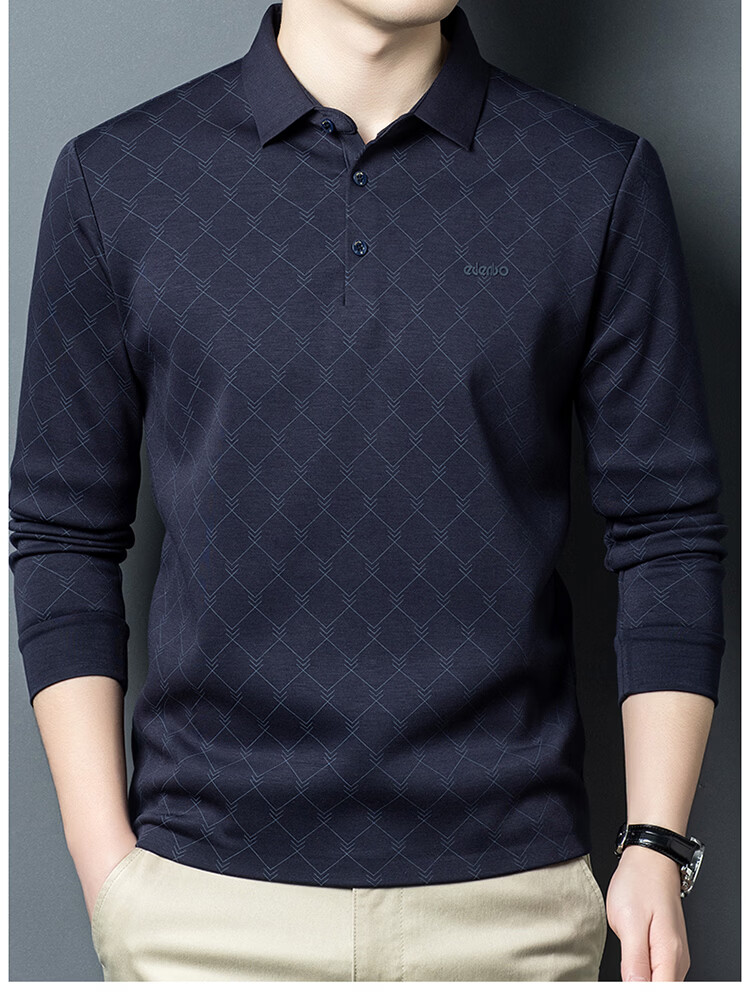 Edenbo Men's Long Sleeve Fleece-Lined Polo Shirt Autumn Winter Dense Fleece Mesh Top Dark Blue 175/92A (XL) 15