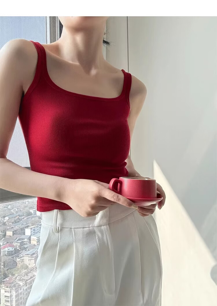 La Chapelle Red Spaghetti Strap Tank Top for Women Summer Outerwear with Built-in Padded Bra, Beautiful Back Inner Wear, Wine Red XL 8