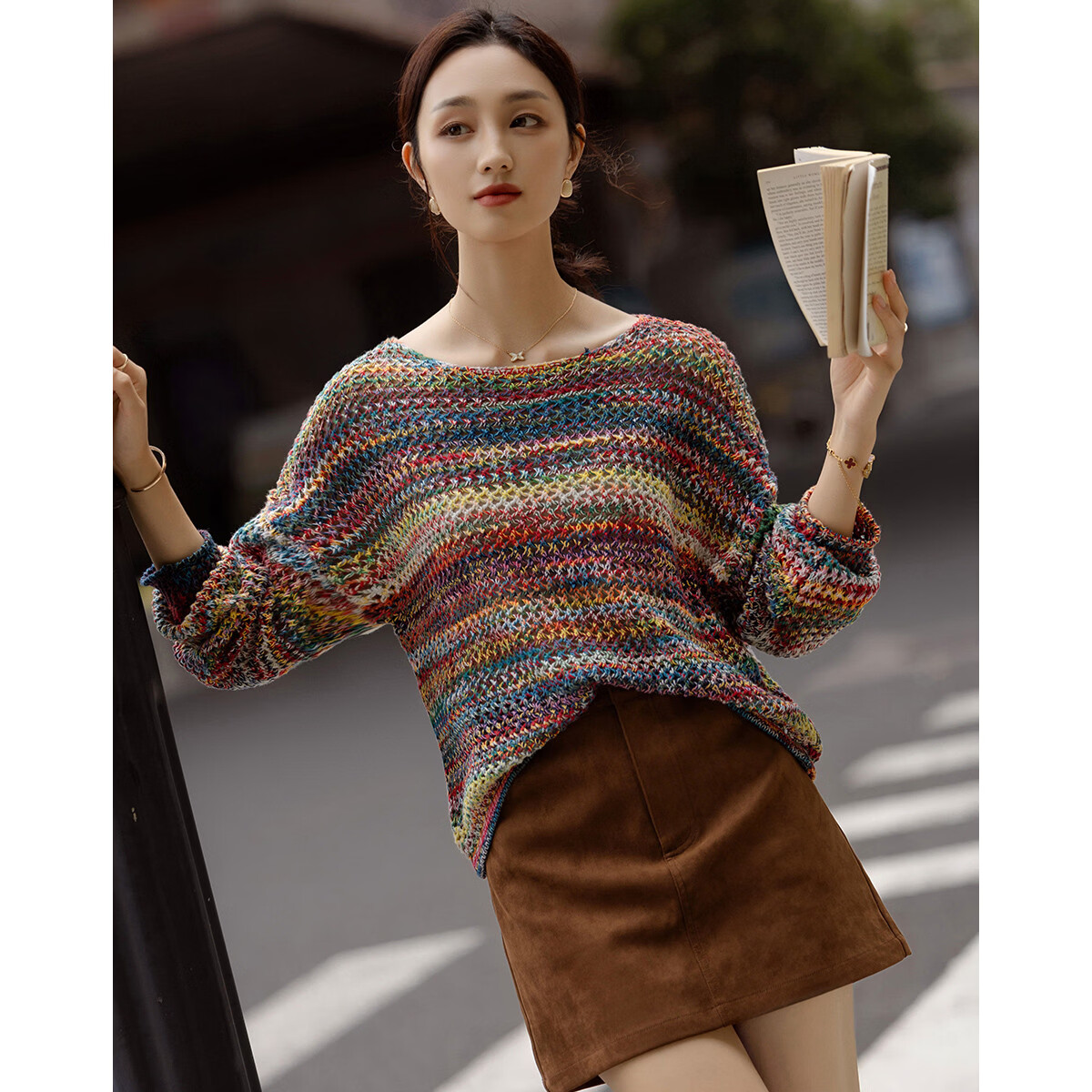 Demana Fluffy 100% Cotton Spring Lazy Style Off-Shoulder Gradient Hollow Slim Knit Sweater for Women Premium Feel 2