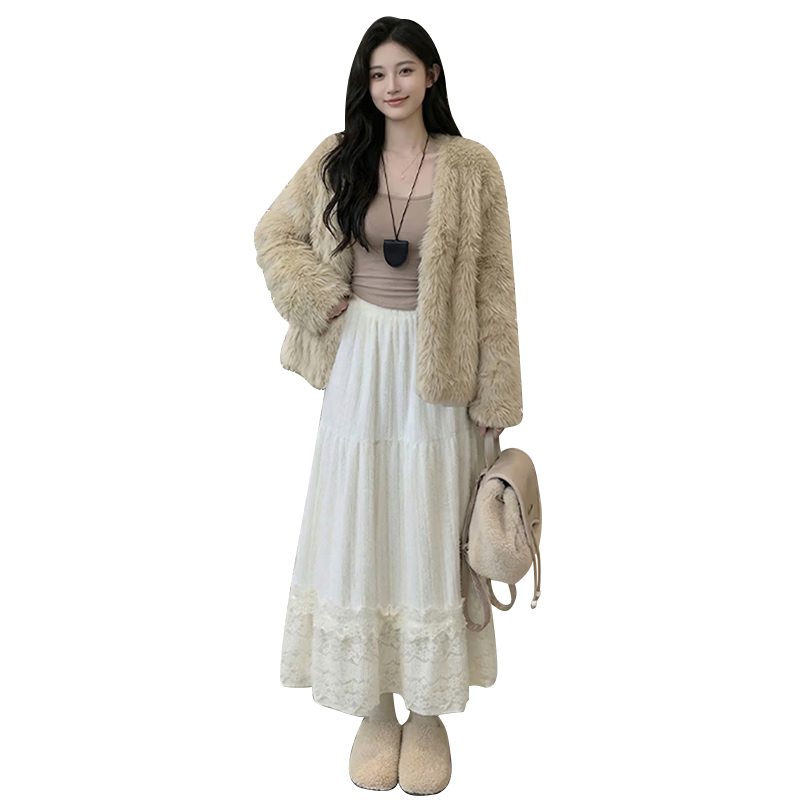 Langsha Plush Accordion Pleated Skirt Sweet Elegant Lace Splice Skirt 2026 Early Spring New Gentle Fairy Cake Skirt