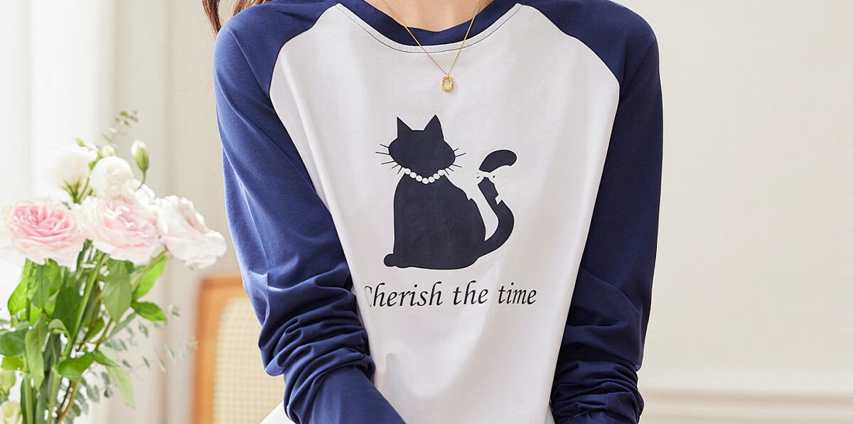 Pincai Women's Long Sleeve T-Shirt Cute Cat Print Colorblock Crew Neck Raglan Sleeve Trendy Top P143T2027 42