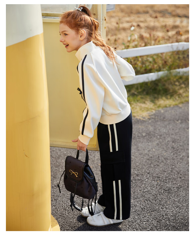 Follow Me Girls' Spring New Sweet Stylish Polo Collar Top and Casual Wide-Leg Pants Two-Piece Set Beige/Black 130 11