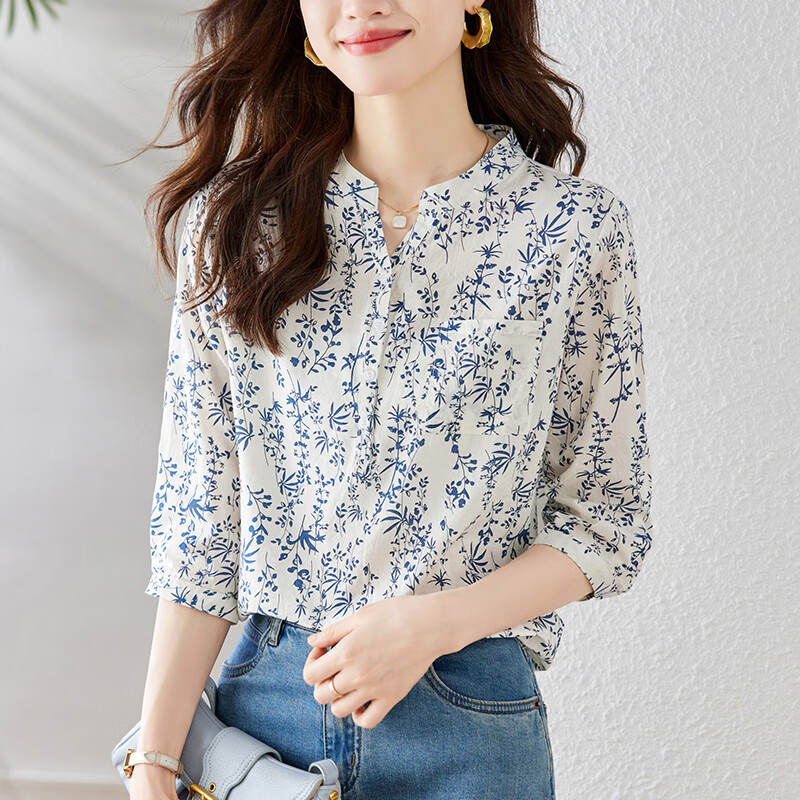AOTUN Blue and White Porcelain Small Floral Print Women's Spring 3/4 Sleeve Cotton Shirt 35026 Blue and White Porcelain L