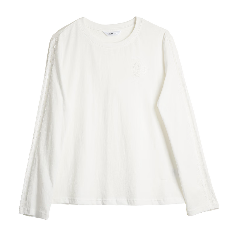 Olrain French Lace Splice Snowflake Cotton Long Sleeve T-Shirt Women Spring New Commuter Casual Top Off-White M