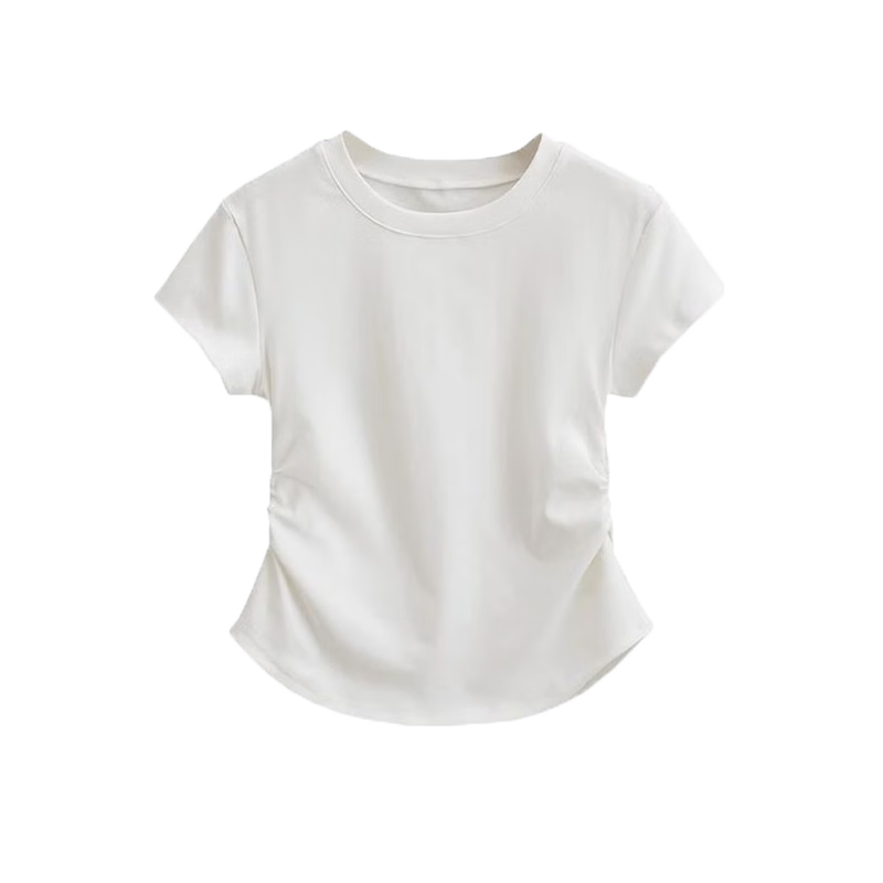 Shuangxing Women's Straight Shoulder Round Neck Short Sleeve T-Shirt Spring Summer 2026 New Design Pleated Waist Slim Top Black XL