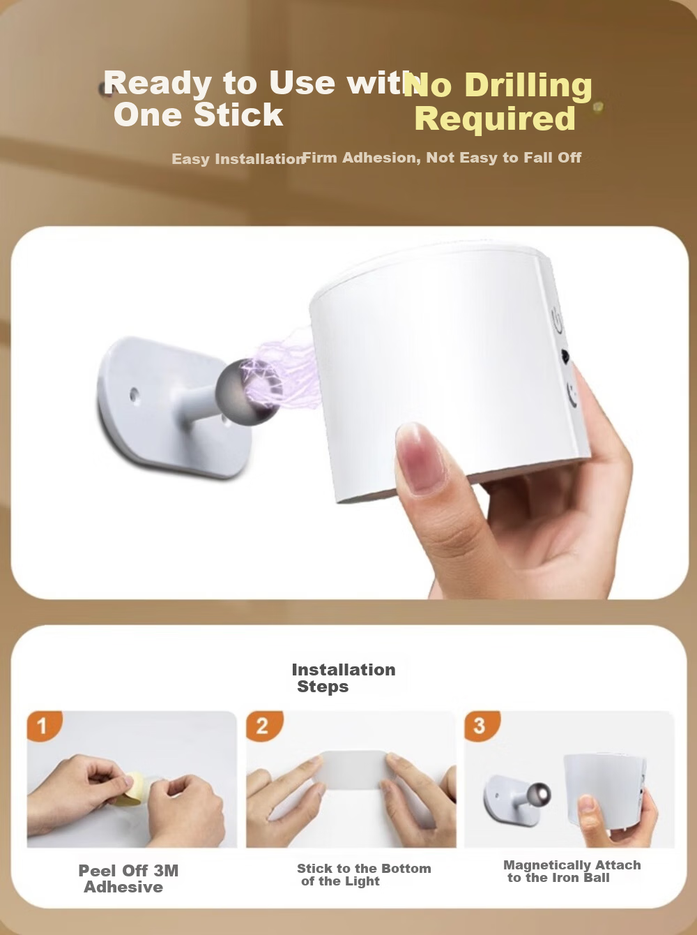 Guan'an Magnetic Wireless Spotlight No Drilling Small Hill Bedside Reading Lamp Wireless Remote Control Lighting [Rechargeable Remote Model - 1800mAh] White/Three-Color Adjustable 7