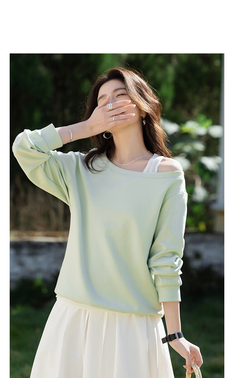 Demana [Comfort Elastic Air Layer] Spring Lazy Style Two-Piece Illusion Off-Shoulder Loose Slimming Concealing Sweatshirt for Women Premium Feel 13