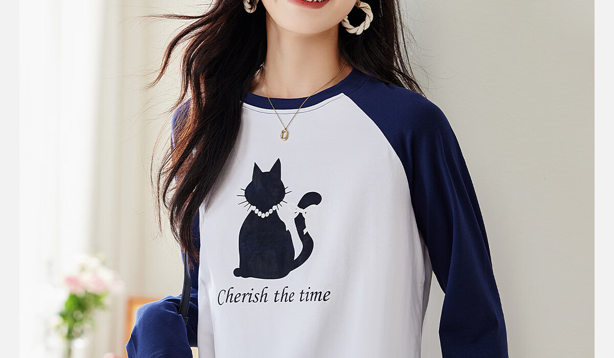 Pincai Women's Long Sleeve T-Shirt Cute Cat Print Colorblock Crew Neck Raglan Sleeve Trendy Top P143T2027 3