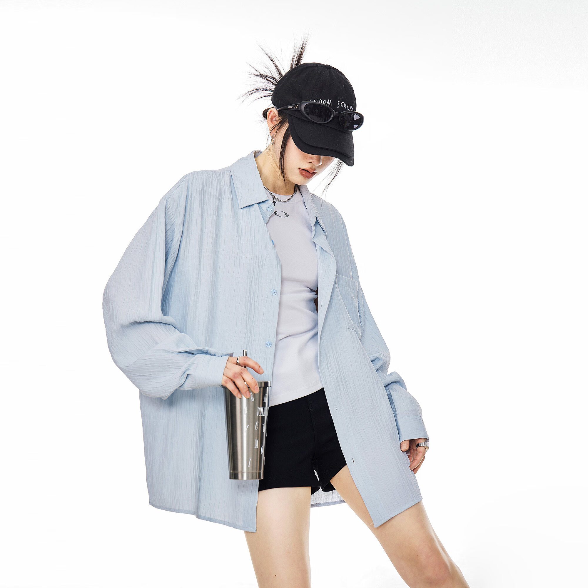 ICH MODE American Texture Physical Sunscreen Long Sleeve Shirt Women 2026 New Summer Premium Shirt Light Blue S