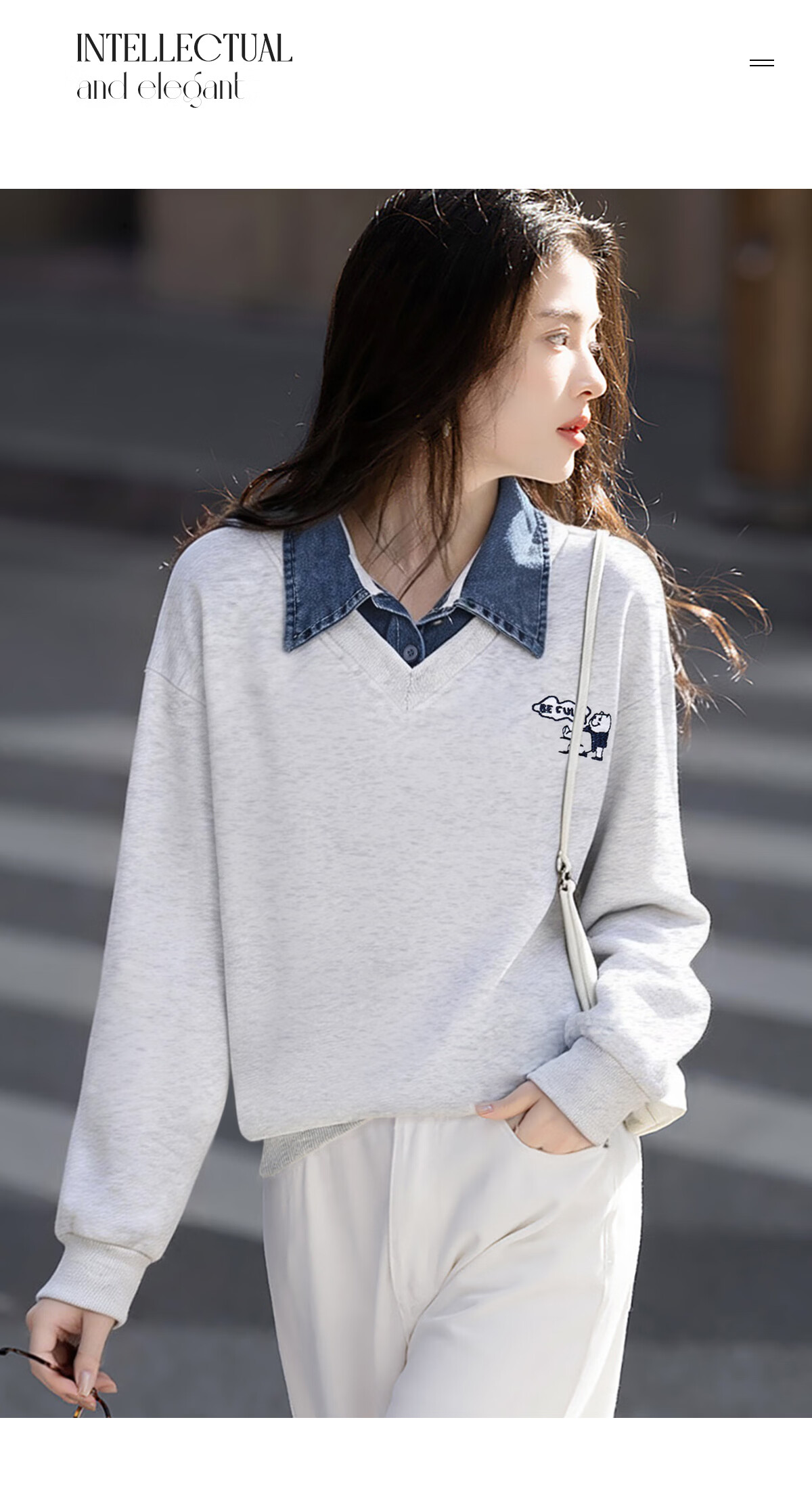 Chushen Spring Autumn Women's Sweatshirt, Fake Two-Piece Splicing, Versatile Loose Fit Long Sleeve Top S61W100 12