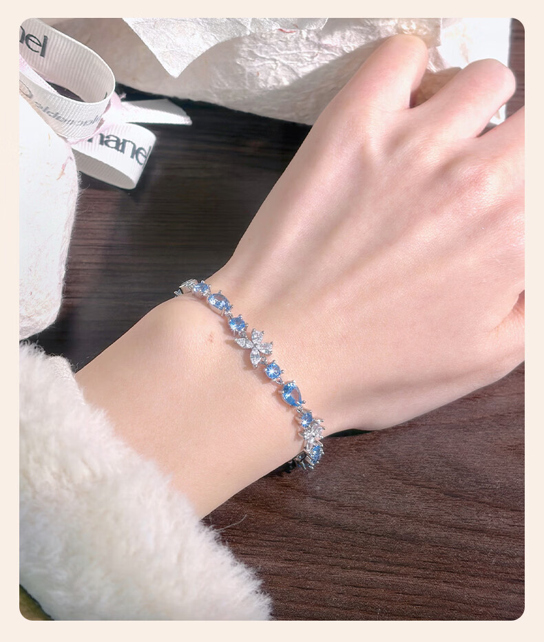 Chow Tai Fook [1000+ Stores] Ice Blue Butterfly Trail Women's Bracelet Full Diamond Niche High-End Bracelet Gift for Girlfriend 7