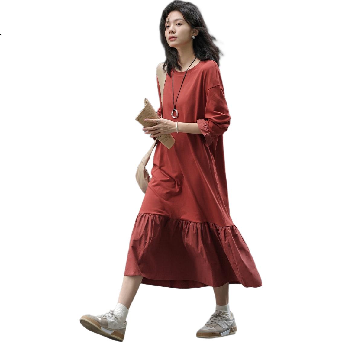Платье Demana 2025 Spring Basic Versatile Patchwork Hem Crew Neck Pullover Long Sleeve Long Dress, размер S, кирпично-красный