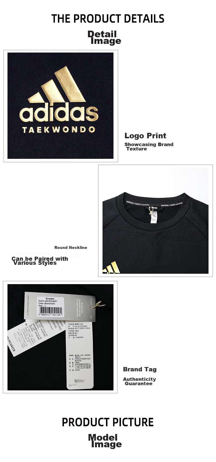 Adidas Men's Sweatshirt, Round Neck Pullover, Spring Windproof Warm Long Sleeve Jacket, Black Gold (Cotton), S 4