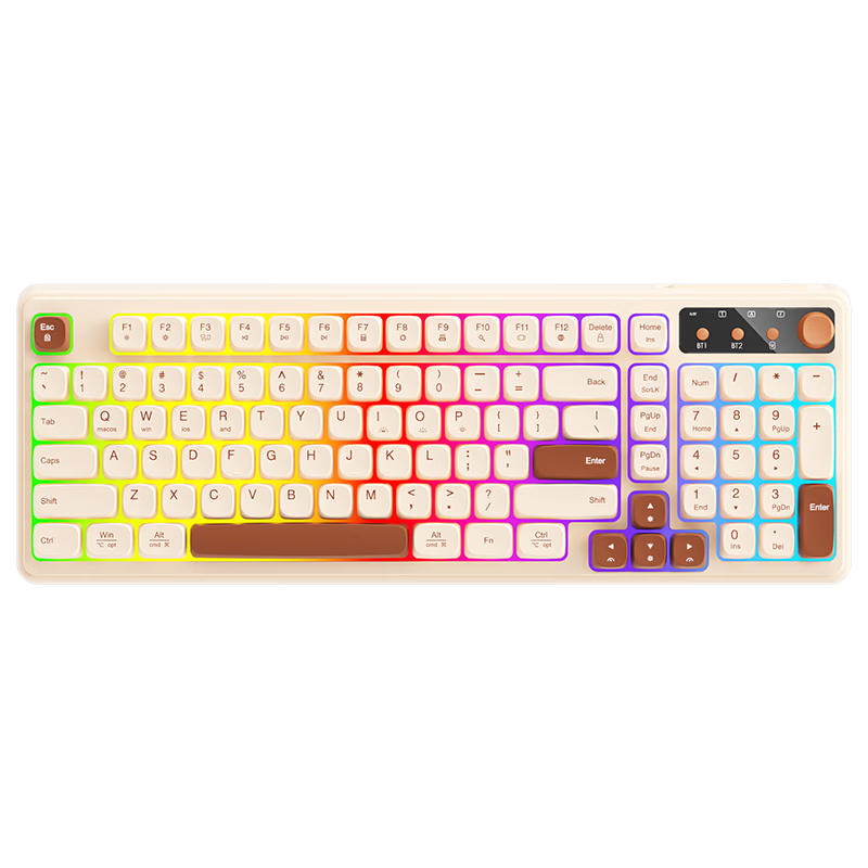 B.O.W Hangshi K520DL Tri-mode Wireless Bluetooth Keyboard for Huawei Xiaomi Laptops Office Tablets Desktop 98 Keys Cute High-Value Rechargeable Coffee Color