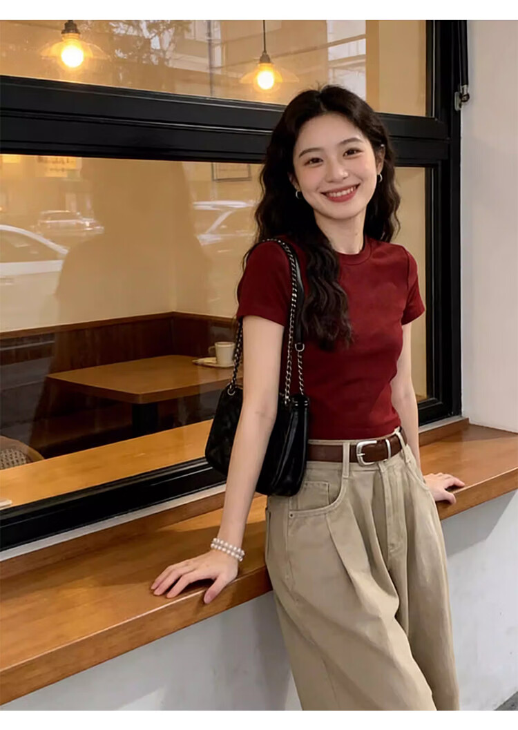 Woodpecker Women's Short Sleeve T-Shirt Spring Summer 2026 New Round Neck Slim Fit Top Ancola Red XL 10