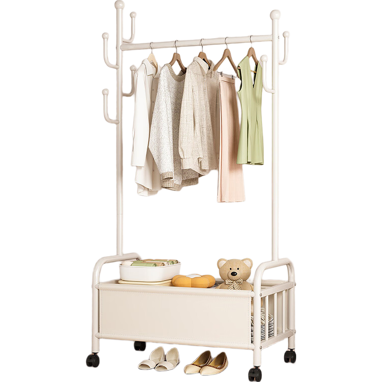 Milin Wheeled Coat Rack, Movable Bedroom Floor-Standing Modern Minimalist Home Storage Basket Coat Hanger, White Basket 80cm
