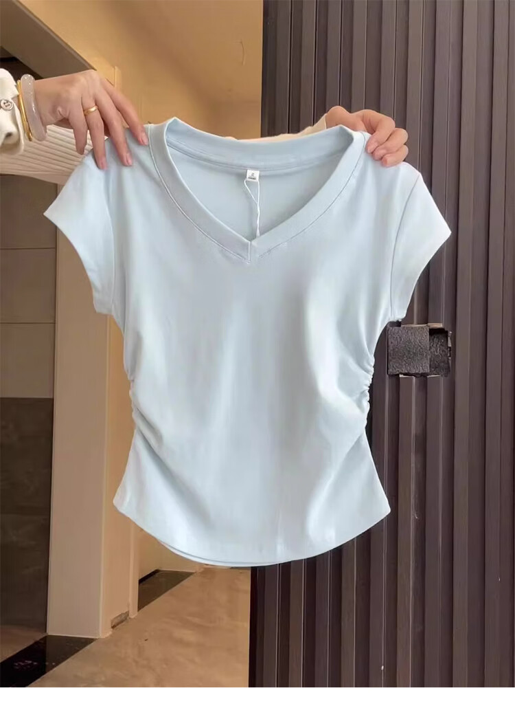 Shuangxing Women's V-Neck Short Sleeve T-Shirt Spring Summer New Design Pleated Waist Slim Fit Cropped Top Navy Blue S 2