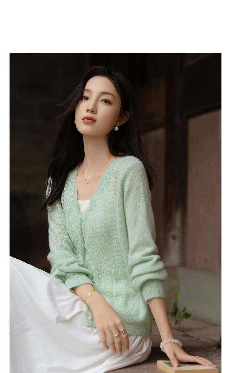 Demana Spring V-Neck Open Cardigan Hollow Crochet Slimming Knit Sweater with Wool and Mohair for Women 11