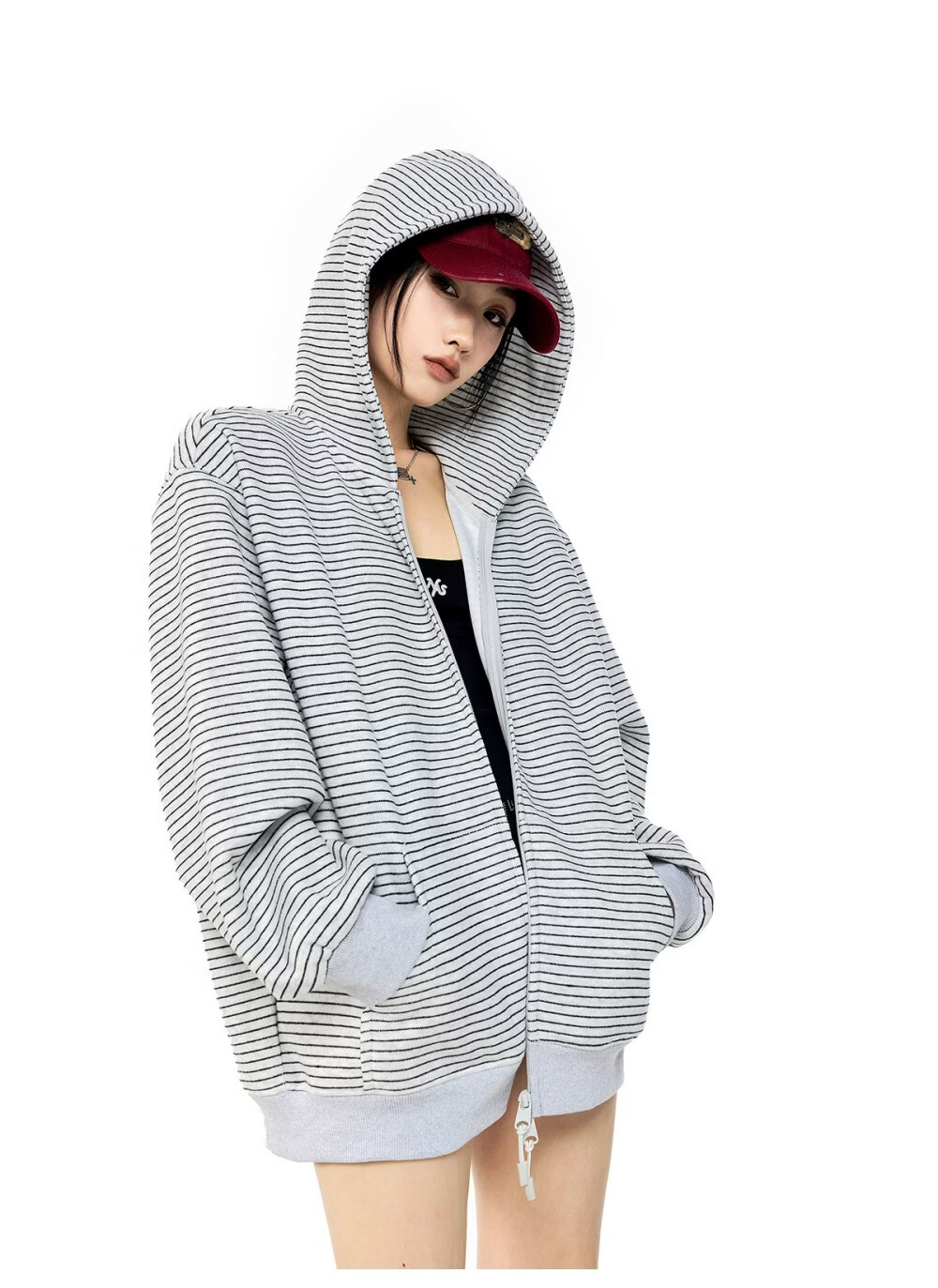 ICH MODE Celebrity Style Striped Hoodie Cardigan Sweatshirt for Women Spring Autumn New Sports Jacket Black M 18