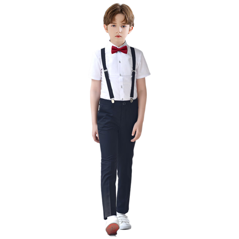Yinuofang Children's June 1st Performance Costume, Boys' School Uniform Class Outfit Formal Wear Suspender Pants Set, Short-Sleeve Long Pants, Size 130
