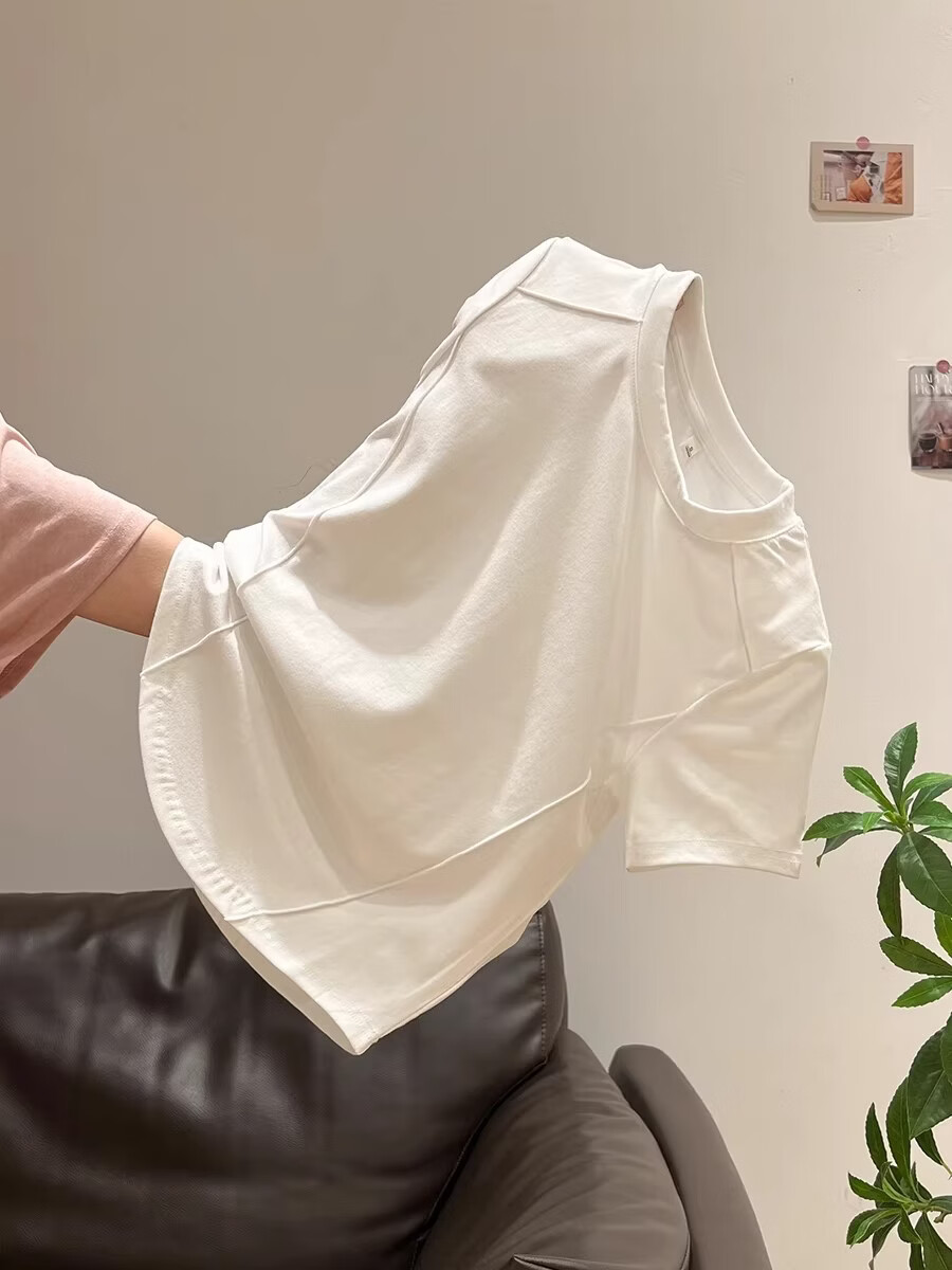 Shuangxing Women's Short Sleeve T-Shirt Summer Round Neck Irregular Hem Slim Fit Inner Wear White L 5