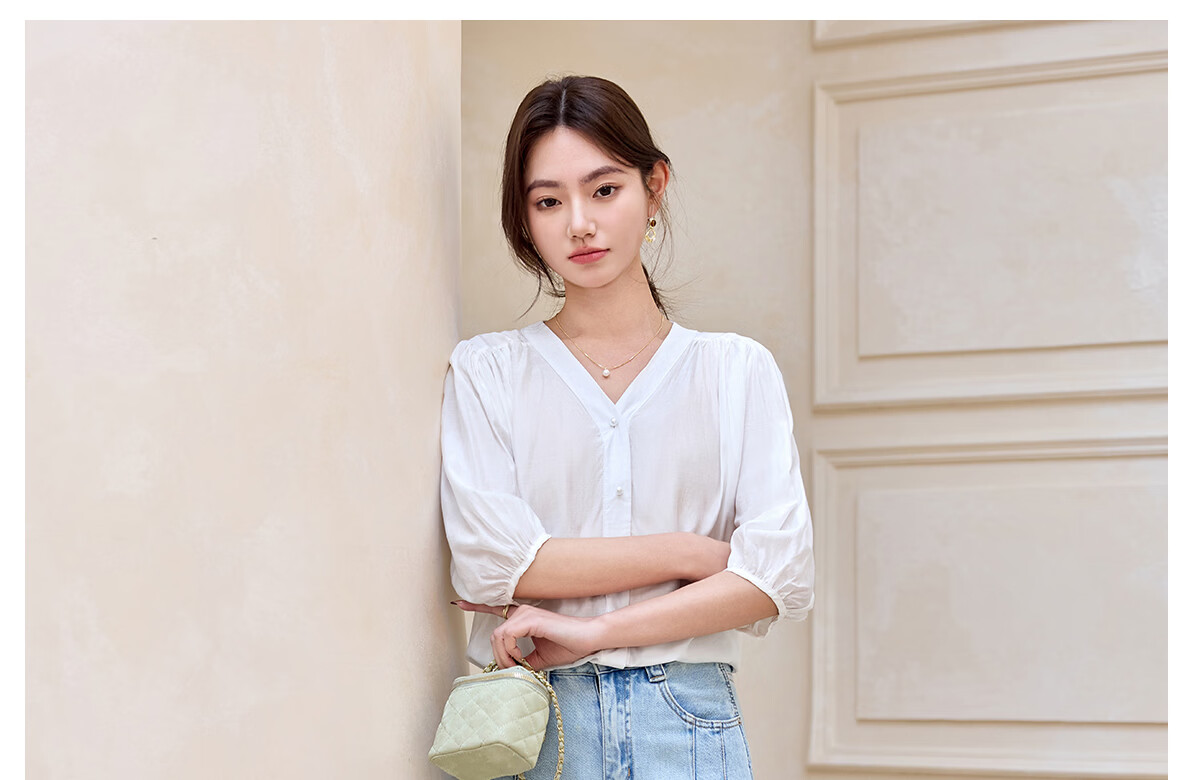 Halo Queen Women's Short Sleeve V-Neck White Shirt Summer Interview Professional Commuter Blouse H52S013 20