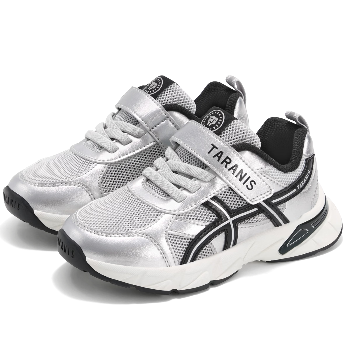 TARANIS 26 Spring New Kids Breathable Sports Running Shoes Soft Sole Boys Girls Dad Sneakers Black/Silver 26