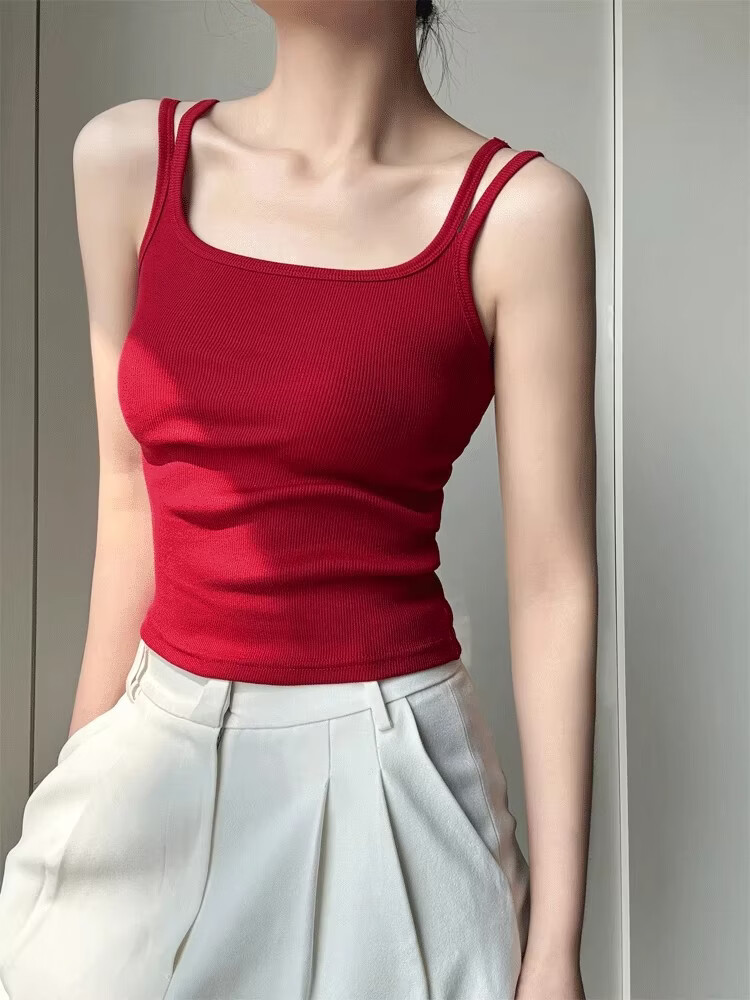 La Chapelle Red Spaghetti Strap Tank Top for Women Summer Outerwear with Built-in Padded Bra, Beautiful Back Inner Wear, Wine Red XL 4
