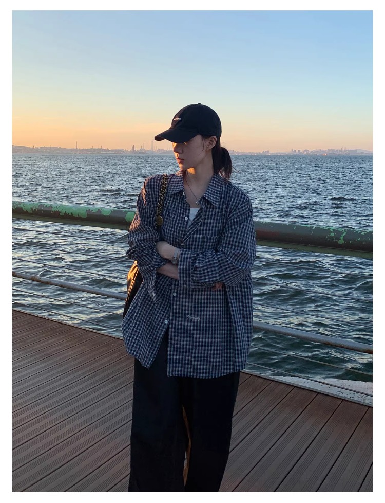 ICH MODE "Plaid Collector" Korean Retro Casual Black and White Plaid Long Sleeve Shirt Spring Autumn Shirt Silver Gray L 9