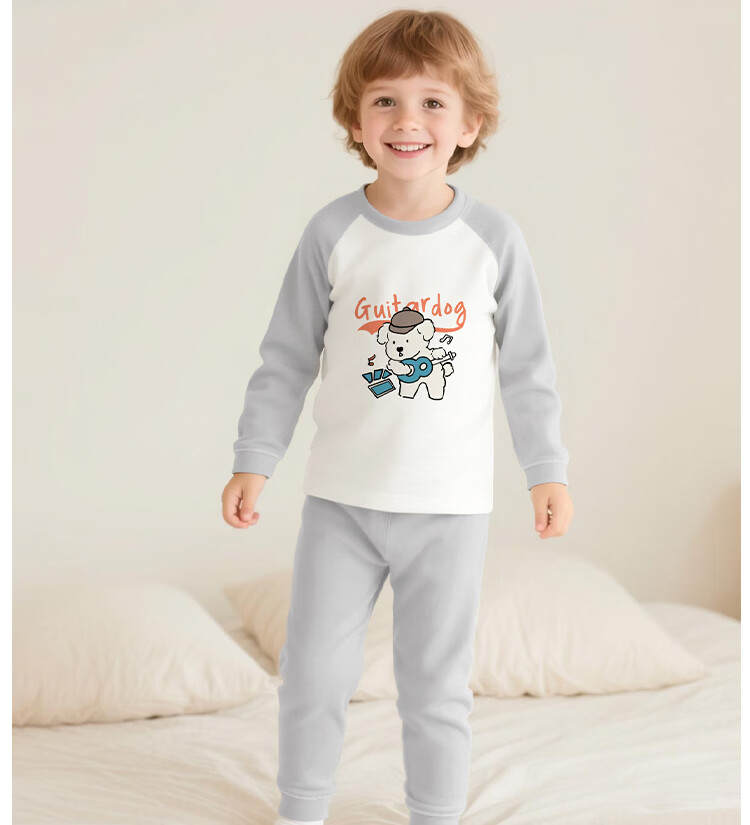 Badi Badi Baby Toddler Pure Cotton Thermal Autumn Clothes Set Unisex Pajamas Gray Guitar Dog 110 4