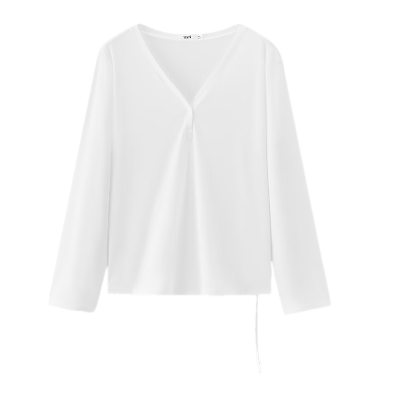 Semir Women's Long Sleeve Summer V-Neck Solid Color Linen-Like Loose Drawstring Blouse 2026 Gentle Top 109326101006