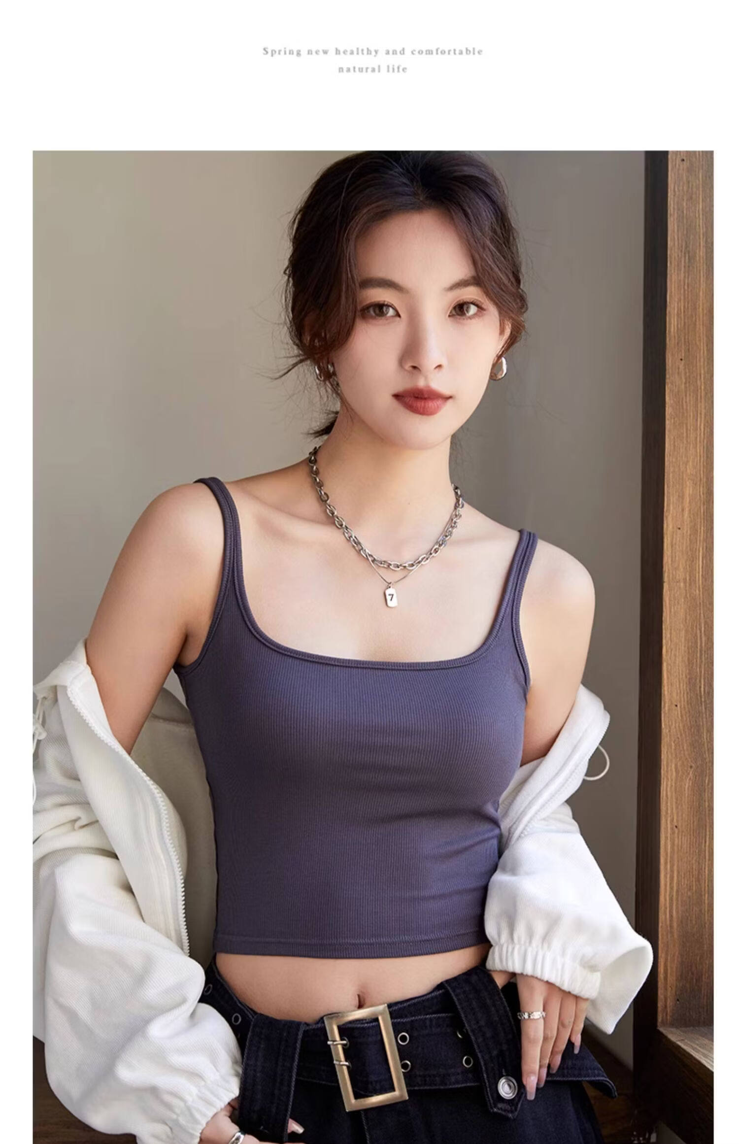 Borui Women's Ribbed U-Back Slim Strap Camisole with Built-in Padded Bra, Pure Desire Mid-Length Tank Top 17