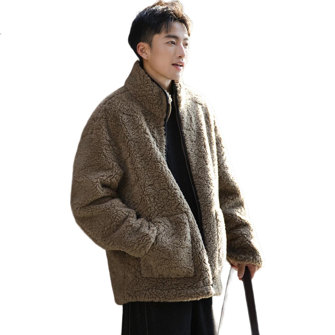 TonLion 2025 Winter Men's Stand Collar Color-Block Faux Shearling Thick Jacket