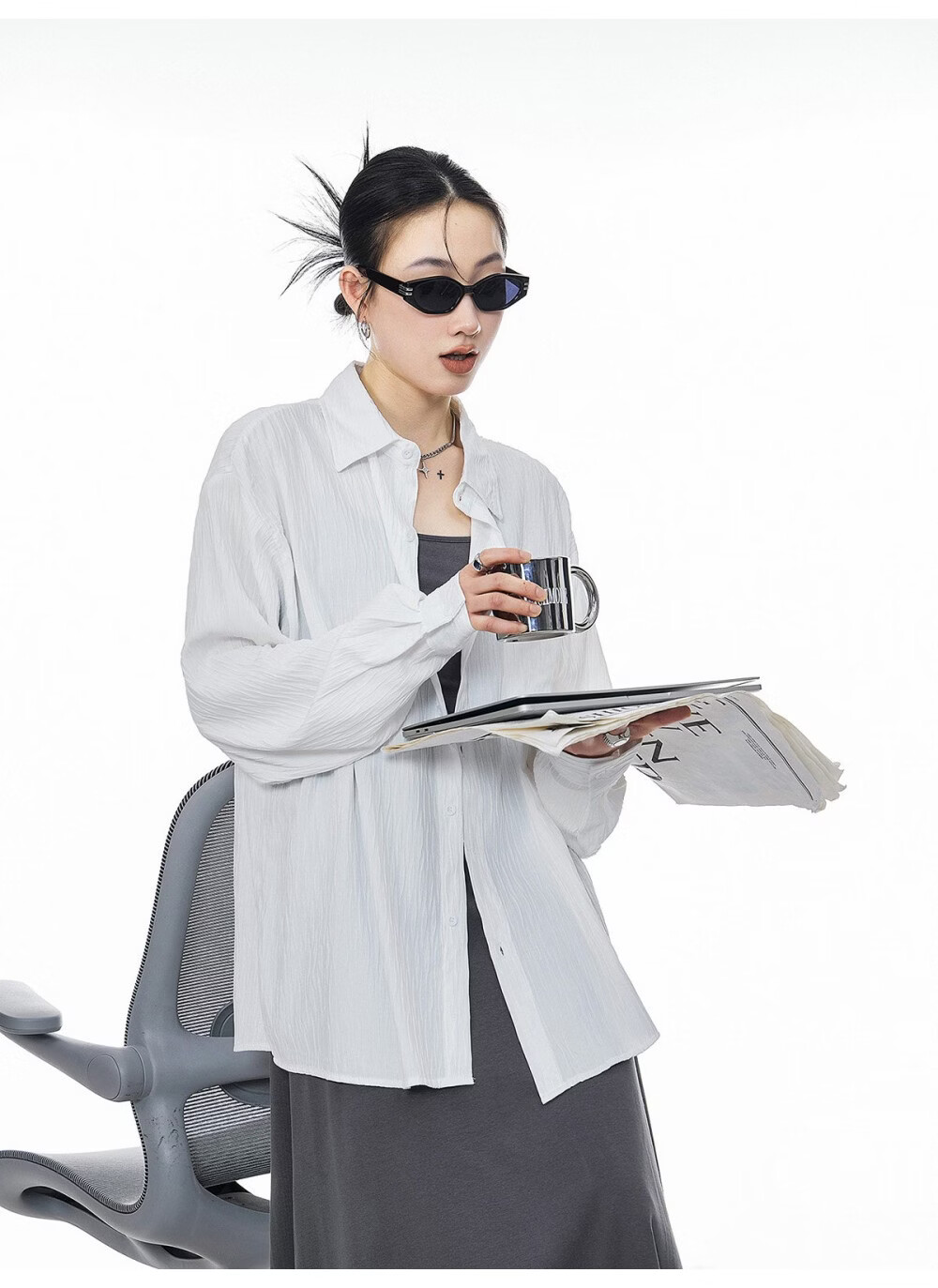 ICH MODE American Texture Physical Sunscreen Long Sleeve Shirt Women 2026 New Summer Premium Shirt Light Blue S 27