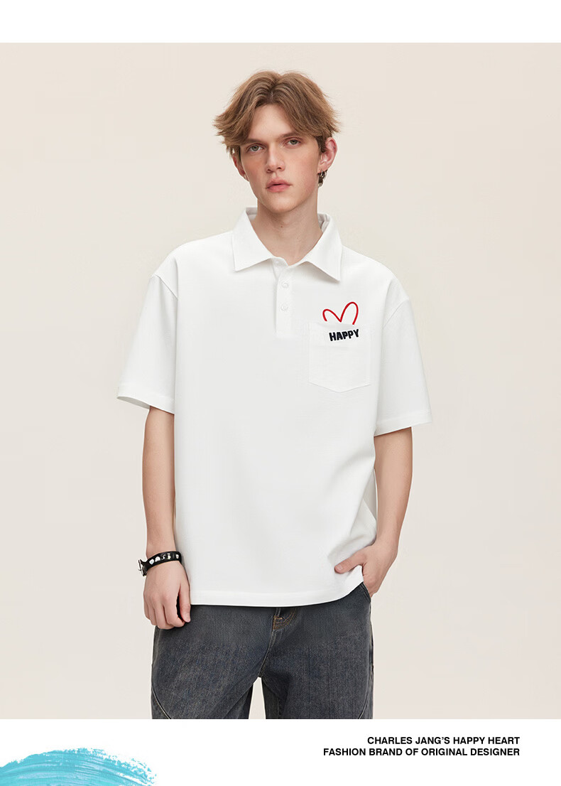 Charles Peach Heart Luxury Embroidered Couple Pure Cotton Short Sleeve Polo Shirt Summer Unisex Off-White S 8